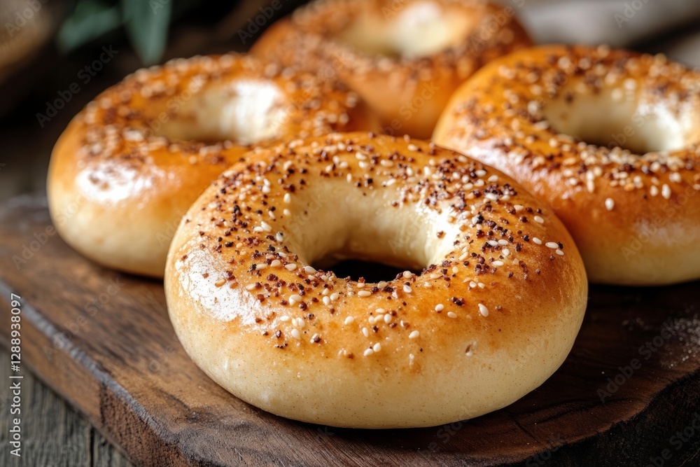 Sesame and poppy seed bagels lying on a wooden cutting board Sesame and poppy seed bagels lying on a wooden cutting board