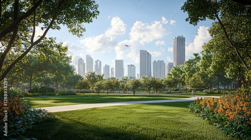 Naklejka premium Urban Park Landscape with Modern City Skyline Under Bright Blue Sky and Fluffy Clouds in Daylight