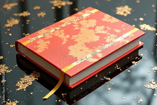 Red Book with Gold Leaf Design and Ribbon Bookmark photo