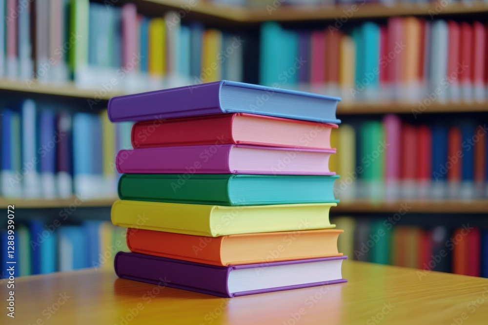 Colorful stack of books on a wooden table in a vibrant library setting