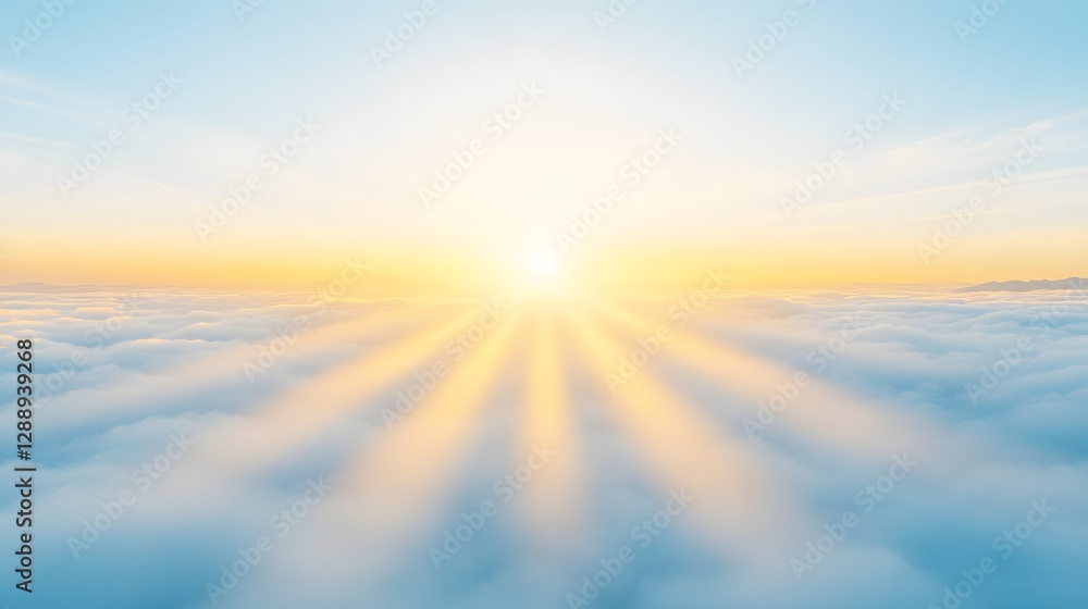 Fototapeta premium Golden Sunrise Rays Breaking Through Soft Clouds Against a Calm Blue Sky