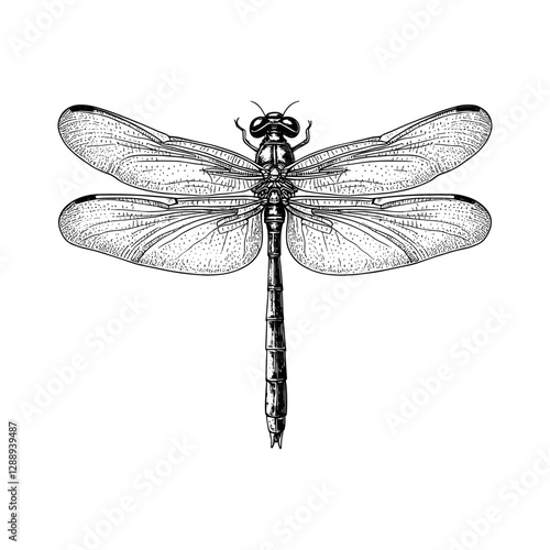 Hand-drawn aquatic animal, trendy vintage art dragonfly, rodent illustration, old engraving style, black sketch effect, white background, antique style, wildlife vector.