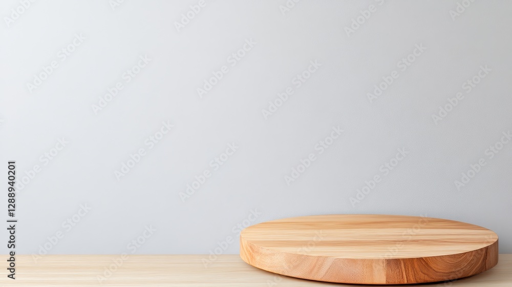 Wooden serving board on a minimalist table against a light gray wall in a calm setting Wooden serving board on a minimalist table against a light gray wall in a calm setting
