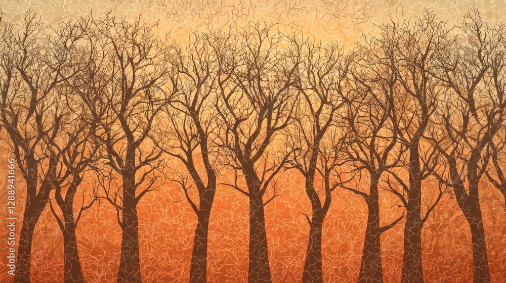 Abstract Pattern of Silhouetted Trees Against an Orange and Yellow Gradient Background at Sunset or Sunrise Abstract Pattern of Silhouetted Trees Against an Orange and Yellow Gradient Background at Sunset or Sunrise