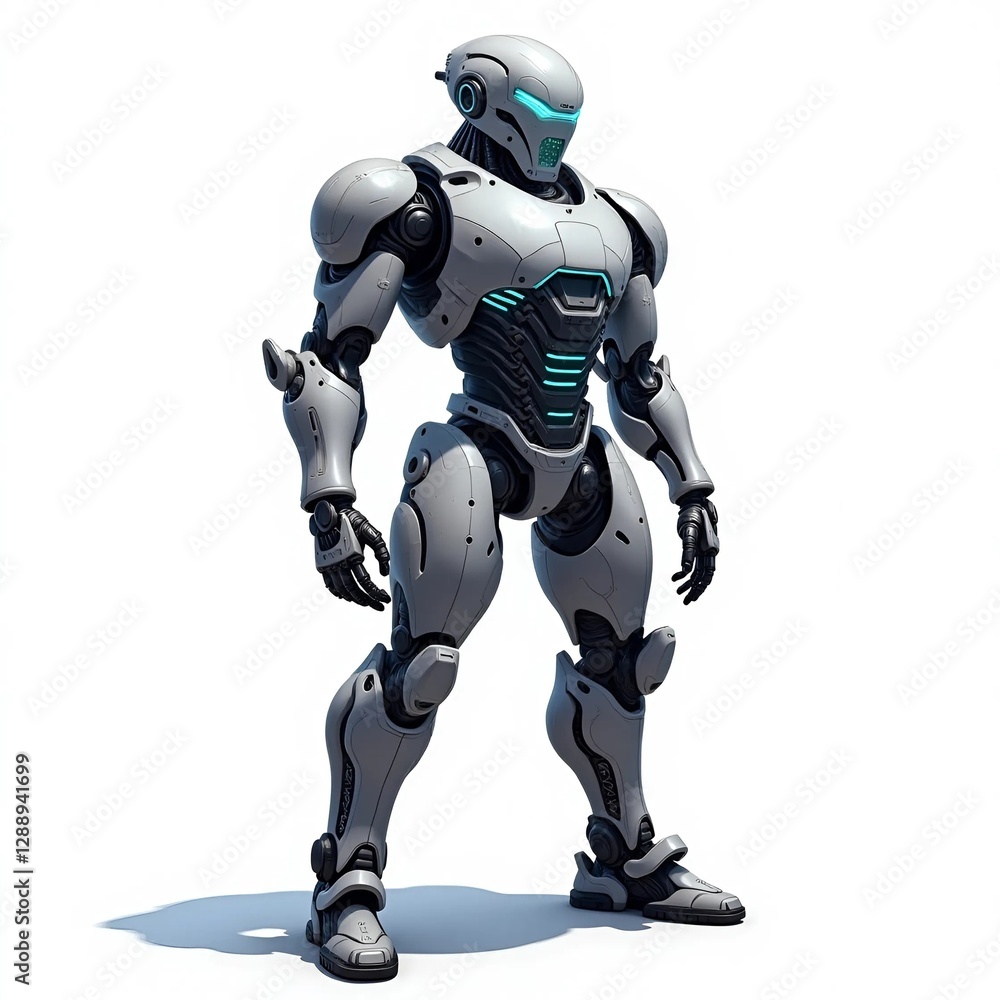 A robot stands confidently against a clean white background, showcasing its sleek design and modern features. A robot stands confidently against a clean white background, showcasing its sleek design and modern features.