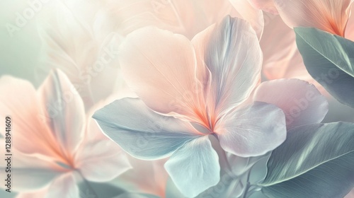 A pastel floral background with abstract petals in soft peach and lavender, surrounded by delicate green leaves, creating a gentle, artistic atmosphere.