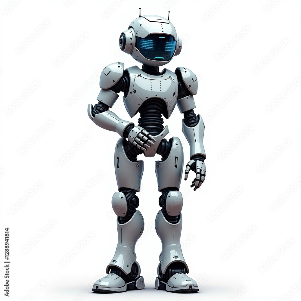 Fototapeta premium A robot stands confidently against a clean white background, showcasing its sleek design and modern features.