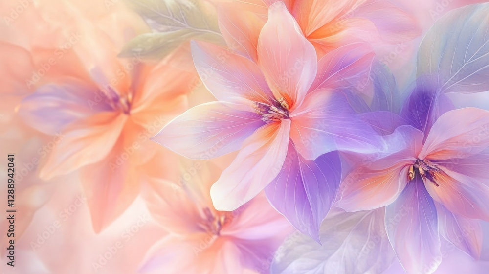 A pastel floral background with abstract petals in soft peach and lavender, surrounded by delicate green leaves, creating a gentle, artistic atmosphere. A pastel floral background with abstract petals in soft peach and lavender, surrounded by delicate green leaves, creating a gentle, artistic atmosphere.