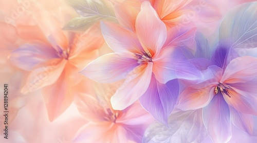 A pastel floral background with abstract petals in soft peach and lavender, surrounded by delicate green leaves, creating a gentle, artistic atmosphere.