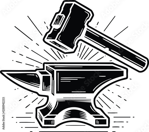   Blacksmith Anvil and Hammer: Vector Outline Illustration