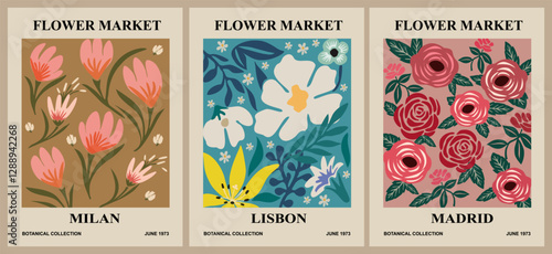 Set of abstract Flower Market posters. Trendy botanical wall arts with floral design in danish pastel colors. Modern naive groovy funky interior decoration, painting, print. Vector art illustration.