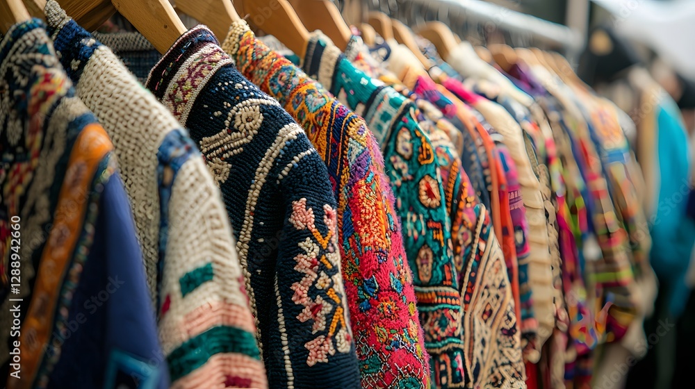 Colorful Collection of Handcrafted Knitwear on Display at a Vibrant Market Stall Colorful Collection of Handcrafted Knitwear on Display at a Vibrant Market Stall