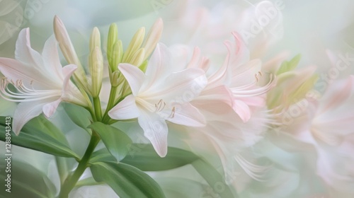 A soft, blurred floral background featuring delicate pink and white flowers with green leaves, creating a serene, peaceful atmosphere.