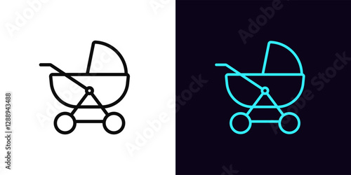 Outline baby carriage icon, with editable stroke. Baby stroller icon, child birth. Newborn carriage and cradle, child carriage, nursery pram, happy motherhood, newborn health care. Vector icon
