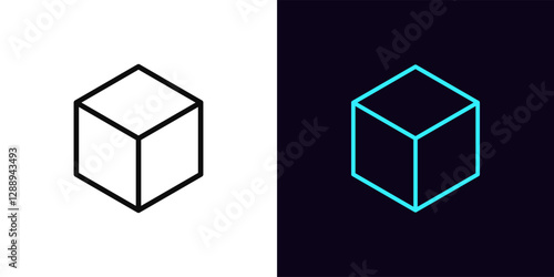 Outline cube icon, with editable stroke. Isometric cube wireframe, cubic shape, geometric figure. Wireframe cuboid, square block model, cubic structure and form, abstract hexahedron. Vector icon