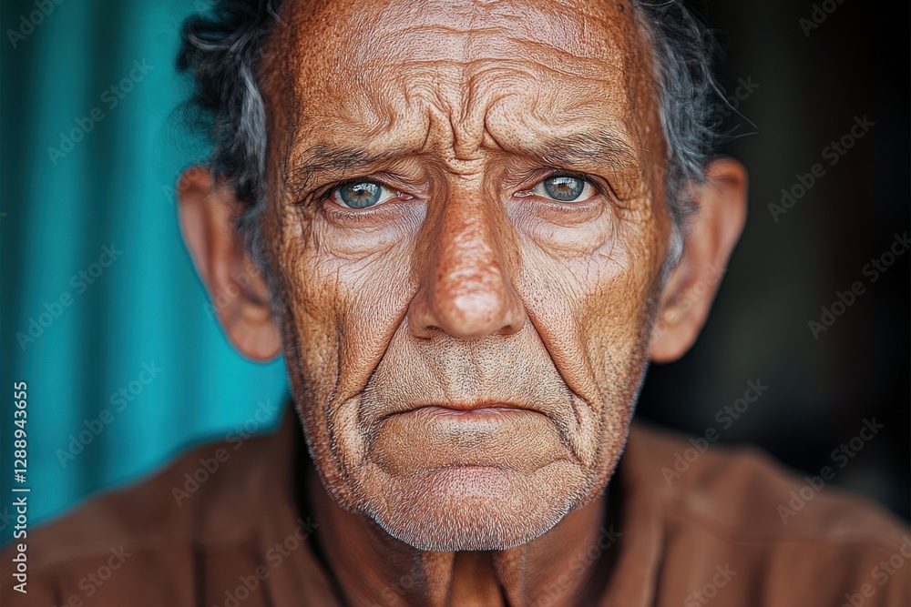 Portrait of an elderly man with deep lines and striking blue eyes, revealing a story of life and experience Portrait of an elderly man with deep lines and striking blue eyes, revealing a story of life and experience