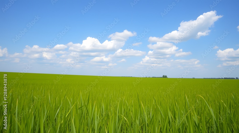 A vibrant green rice field stretches beneath a bright blue sky dotted with fluffy white clouds, creating a serene agricultural landscape. A vibrant green rice field stretches beneath a bright blue sky dotted with fluffy white clouds, creating a serene agricultural landscape.