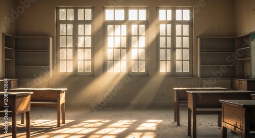 Sunlight streaming through a window illuminating an empty classroom. photo