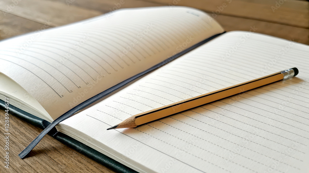 A close-up of an open notebook resting on a wooden surface, accompanied by a pencil, inviting thoughts and creativity. A close-up of an open notebook resting on a wooden surface, accompanied by a pencil, inviting thoughts and creativity.