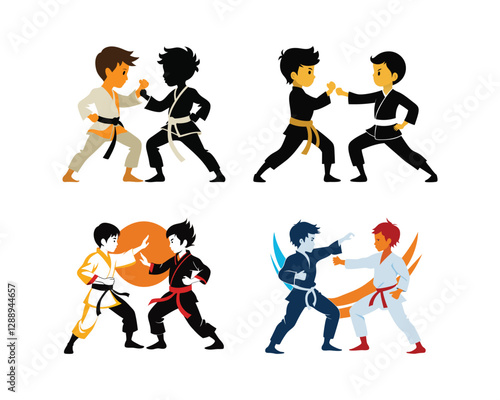 Two karate young boys fighters in a match on white background