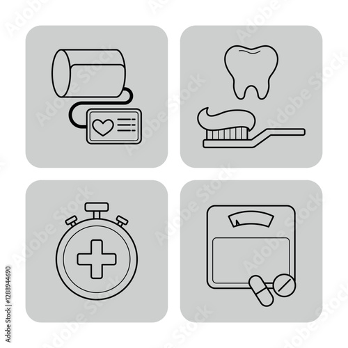 Set of four health icons including blood pressure monitor, toothbrush with toothpaste, stopwatch, and scale. Vital health activities and monitoring concept