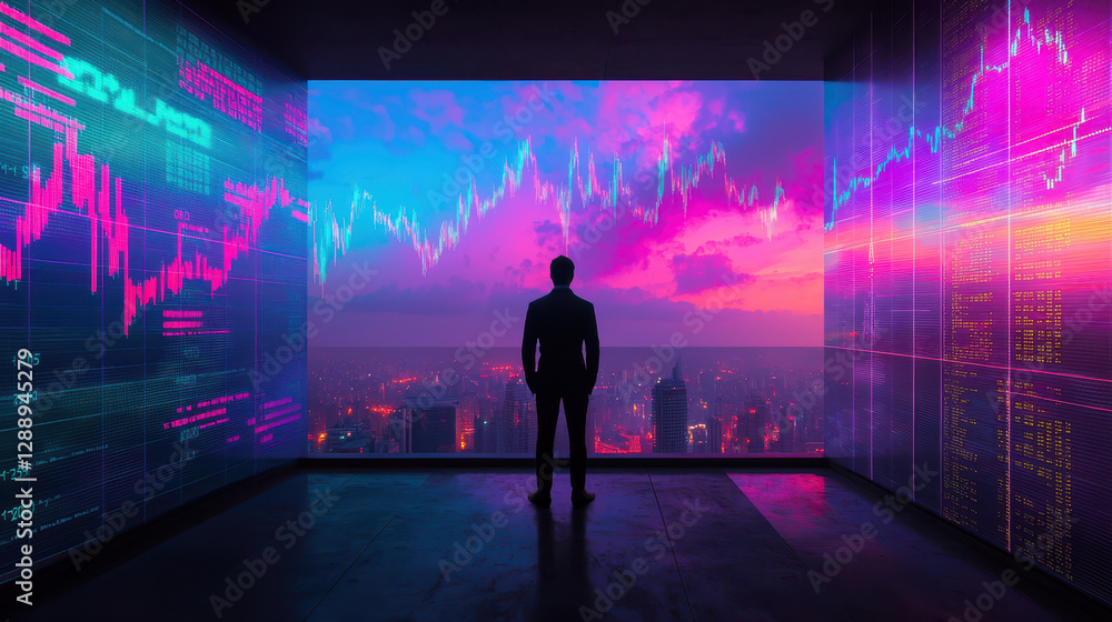 businessman standing in modern office, overlooking vibrant city skyline businessman standing in modern office, overlooking vibrant city skyline