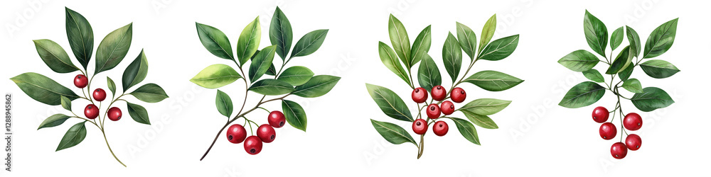 Decorative Green Leaves with Vibrant Red Berries for Composition Use Decorative Green Leaves with Vibrant Red Berries for Composition Use