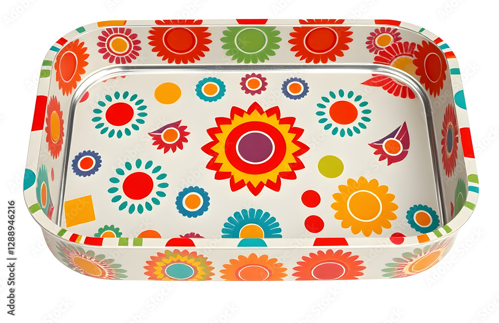 A 1970s snack tray with colorful retro patterns A 1970s snack tray with colorful retro patterns