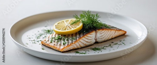 Grilled Fish Fillet with Lemon and Fresh Herb Garnish on Plate. photo