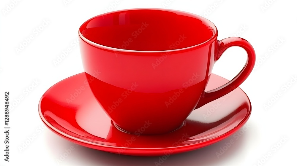 Glossy Red Ceramic Coffee Cup with Matching Saucer in Minimalist Kitchen Setting Glossy Red Ceramic Coffee Cup with Matching Saucer in Minimalist Kitchen Setting