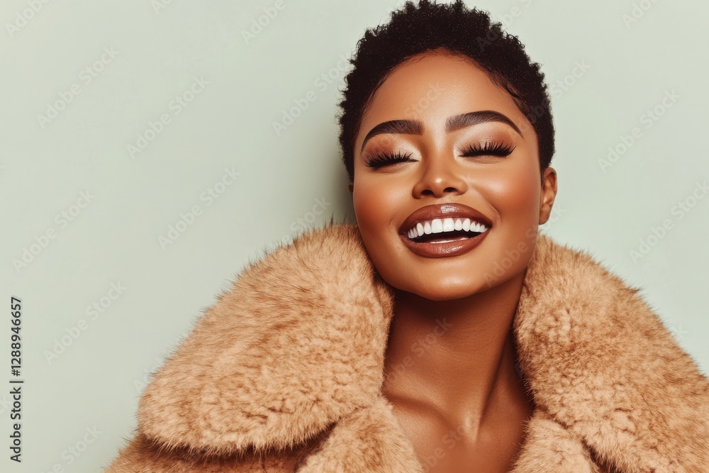 Smiling woman with short curly hair wearing a warm fur coat against a soft green background enjoying a moment of happiness Smiling woman with short curly hair wearing a warm fur coat against a soft green background enjoying a moment of happiness