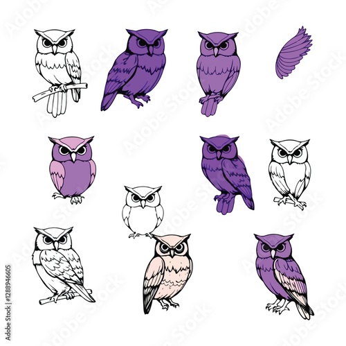 Owl vector outline set, hand drawn owl line art, minimal owls isolated design for tattoo, clipart, sketch, cartoon, artistic set, digital collection of aesthetic bird, wildlife nocturnal bird icon