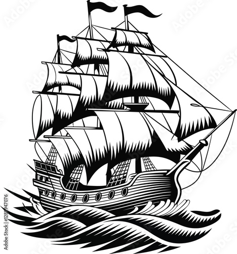 Vintage Sailing Ship Silhouette on Ocean Waves - Nautical Vector Illustration