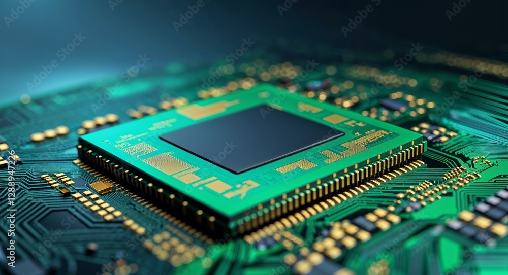 Green Microchip Circuit Macro Shot on Dark Background with Space for Text or Branding in Technology and Electronics Concepts Green Microchip Circuit Macro Shot on Dark Background with Space for Text or Branding in Technology and Electronics Concepts