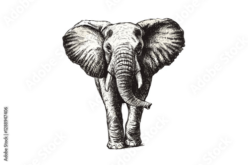 Hand-drawn elephant illustration, vintage print design, large animal wall art, wildlife vector, old engraving black sketch effect, trendy antique style art, wildlife art.
