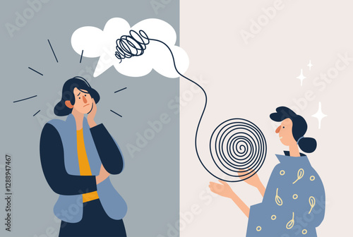 Women with mental disorder struggling with stress, depression. Mental health treatment. Psychiatrist unravels the tangle. Vector illustration stress management, emotional burnout.