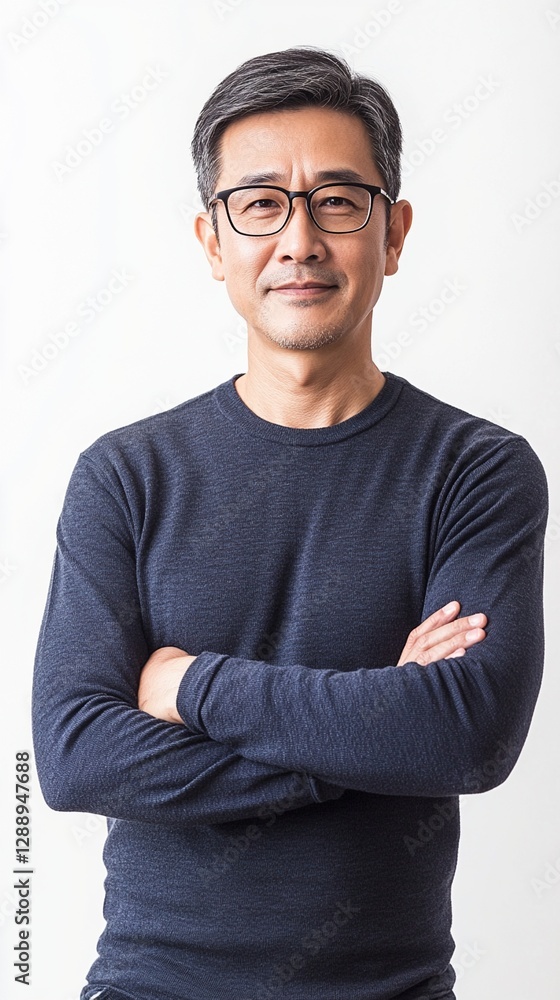 Professional portrait of an Asian businessman wearing glasses and navy sweater against white background, arms crossed with confident expression and gray hair Professional portrait of an Asian businessman wearing glasses and navy sweater against white background, arms crossed with confident expression and gray hair