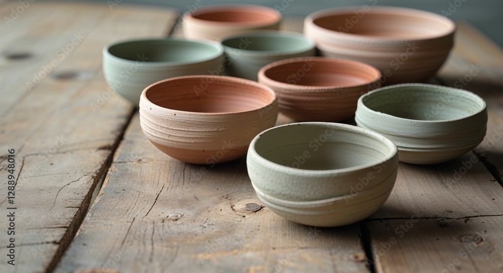 Handmade rustic clay bowls in natural tones on a wooden table Handmade rustic clay bowls in natural tones on a wooden table