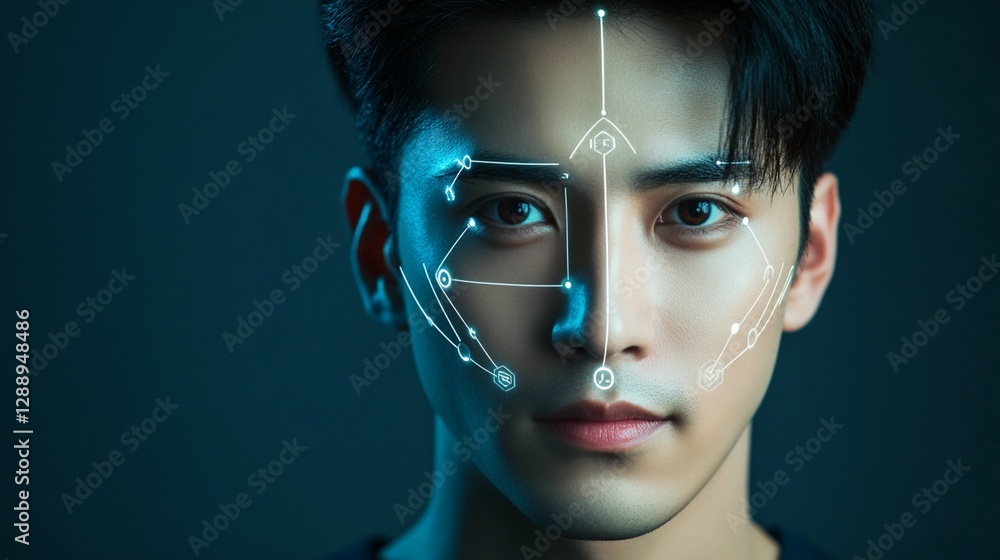 Futuristic facial recognition technology concept illustrated with glowing geometric lines scanning half of face in dramatic blue lighting against dark background Futuristic facial recognition technology concept illustrated with glowing geometric lines scanning half of face in dramatic blue lighting against dark background