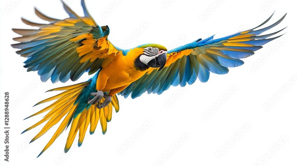 Obraz premium Colorful flying Blue and Gold Macaw parrot isolated on white background with clipping path.