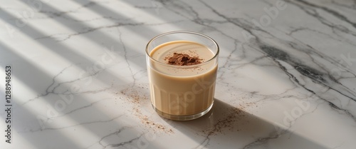 Golden milk with cinnamon in glass on marble kitchen counter. photo