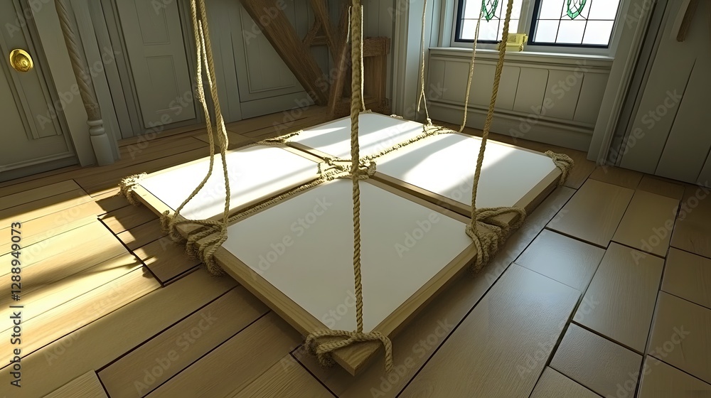 Obraz premium Minimalist Creative Workspace with Suspended Blank Canvas in Bright Wooden Interior