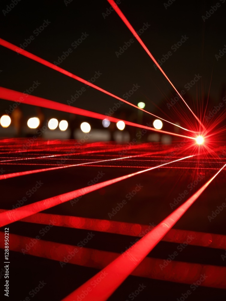 Multiple red laser beams intersecting at a central point creating a dynamic and vibrant light display against a dark background with blurred city lights in the distance