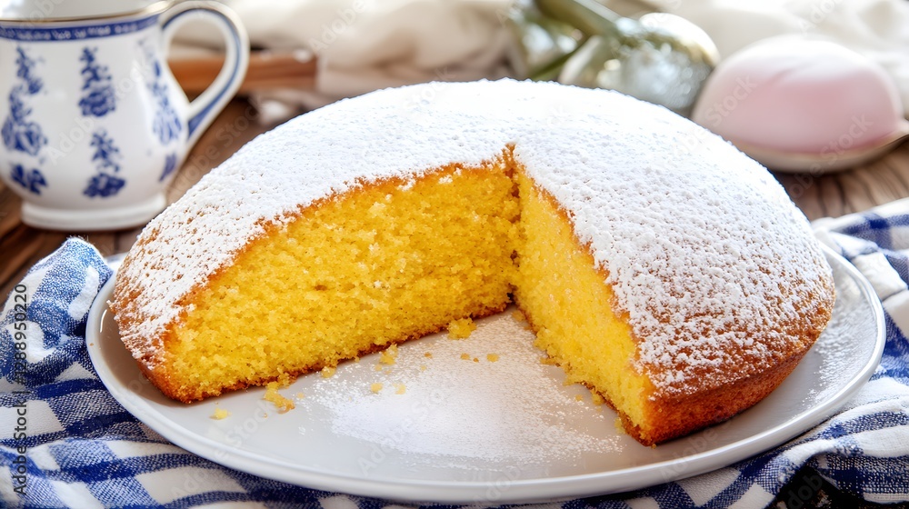 Delicious Yellow Cake with Powdered Sugar on a White Plate in a Kitchen Setting Delicious Yellow Cake with Powdered Sugar on a White Plate in a Kitchen Setting