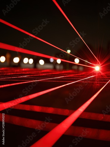 Obraz na płótnie Multiple red laser beams intersecting at a central point creating a dynamic and vibrant light display against a dark background with blurred city lights in the distance w salonie