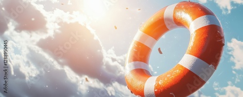 Orange Lifebuoy Floating in Sunny Sky Hopeful Rescue Concept