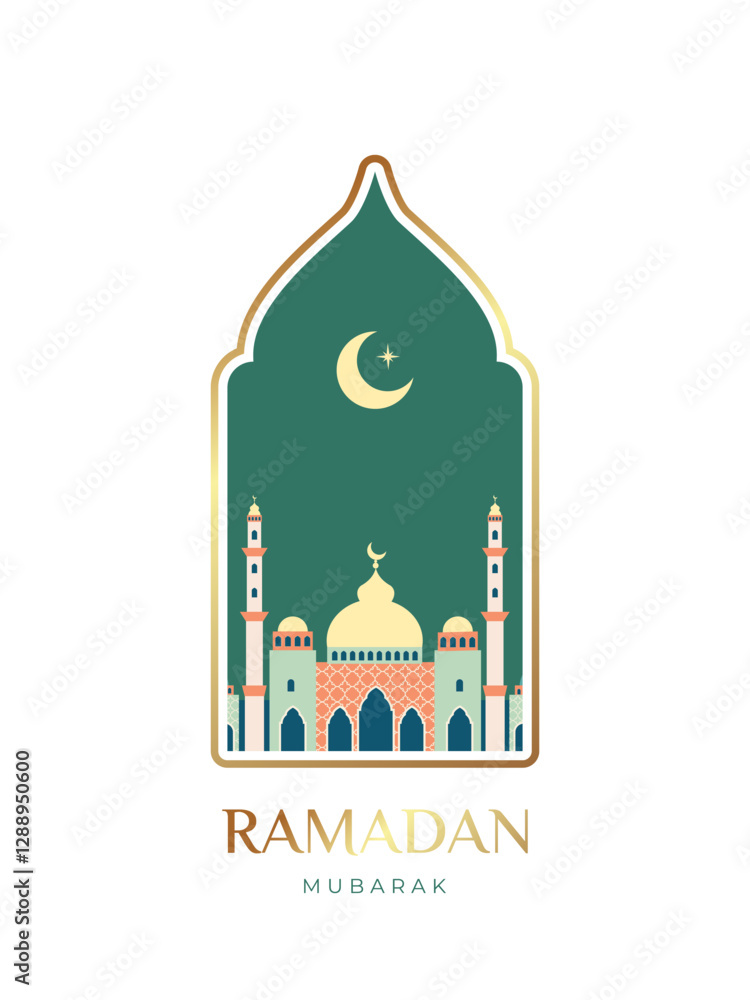 Fototapeta premium Oriental Islamic windows and arch for Ramadan Kareem and Eid Mubarak. Design template in flat style for greeting banner, card, advertising, sale, web, poster. Vector illustration