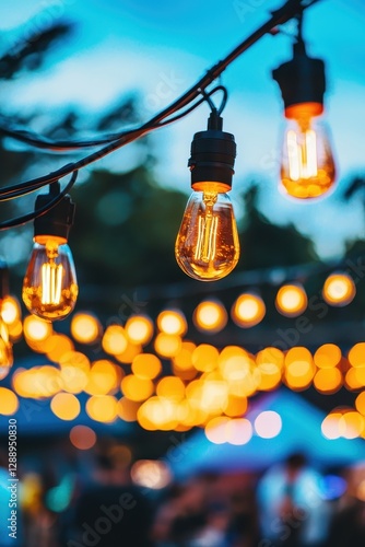 Glowing string lights at an outdoor night market