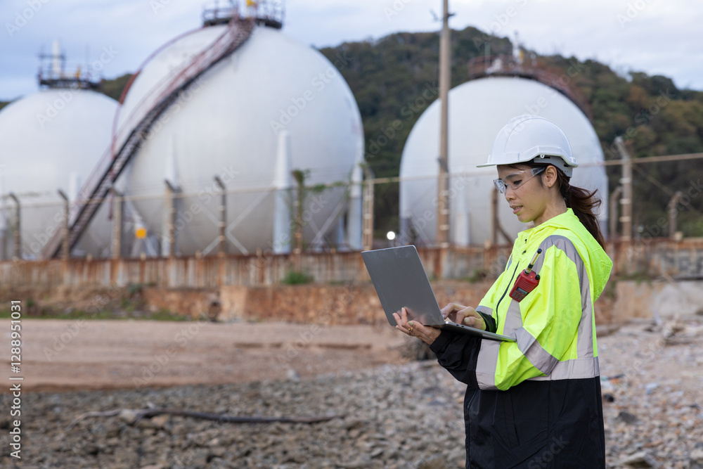 Female engineer communicates with colleagues to discuss natural gas separation issues Female engineer communicates with colleagues to discuss natural gas separation issues