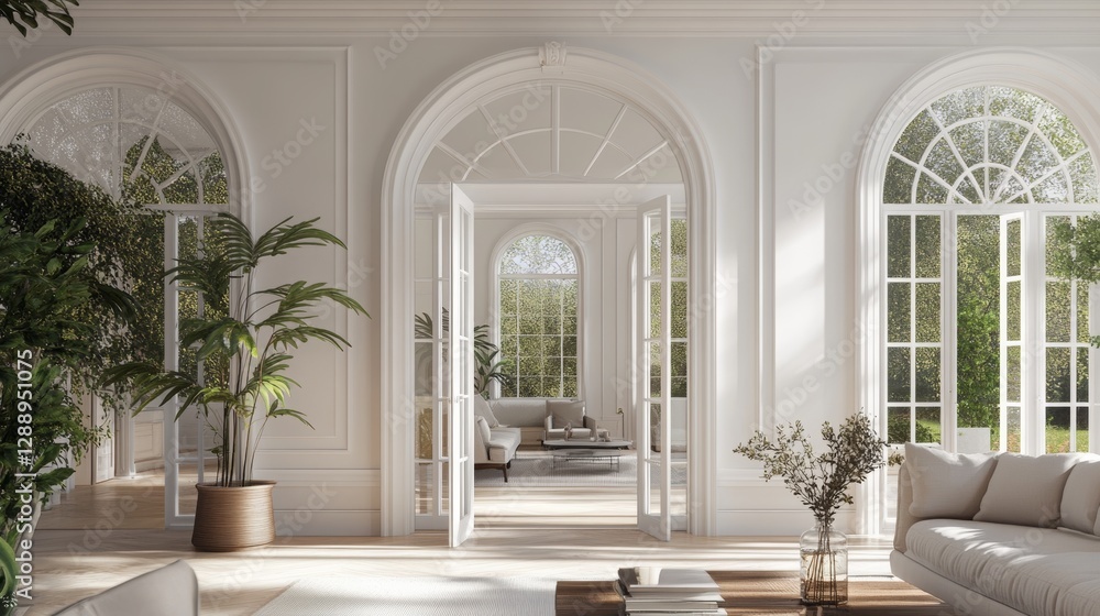 3D white house exterior with an open door to the living room 3D white house exterior with an open door to the living room